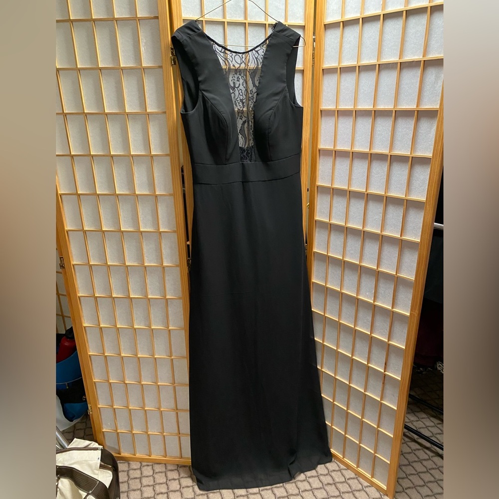 Hayley Paige black sexy plunge neckline evening gown